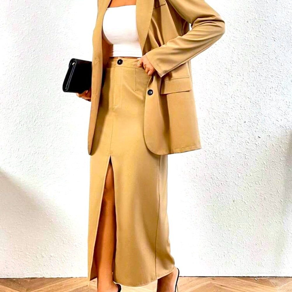 2 piece suit Solid Lapel Neck Blazer & Split Thigh Skirt